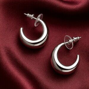 Silver Crescent Hoop Earrings — Polished Thick-Crescent Statement Hoops Jewelry